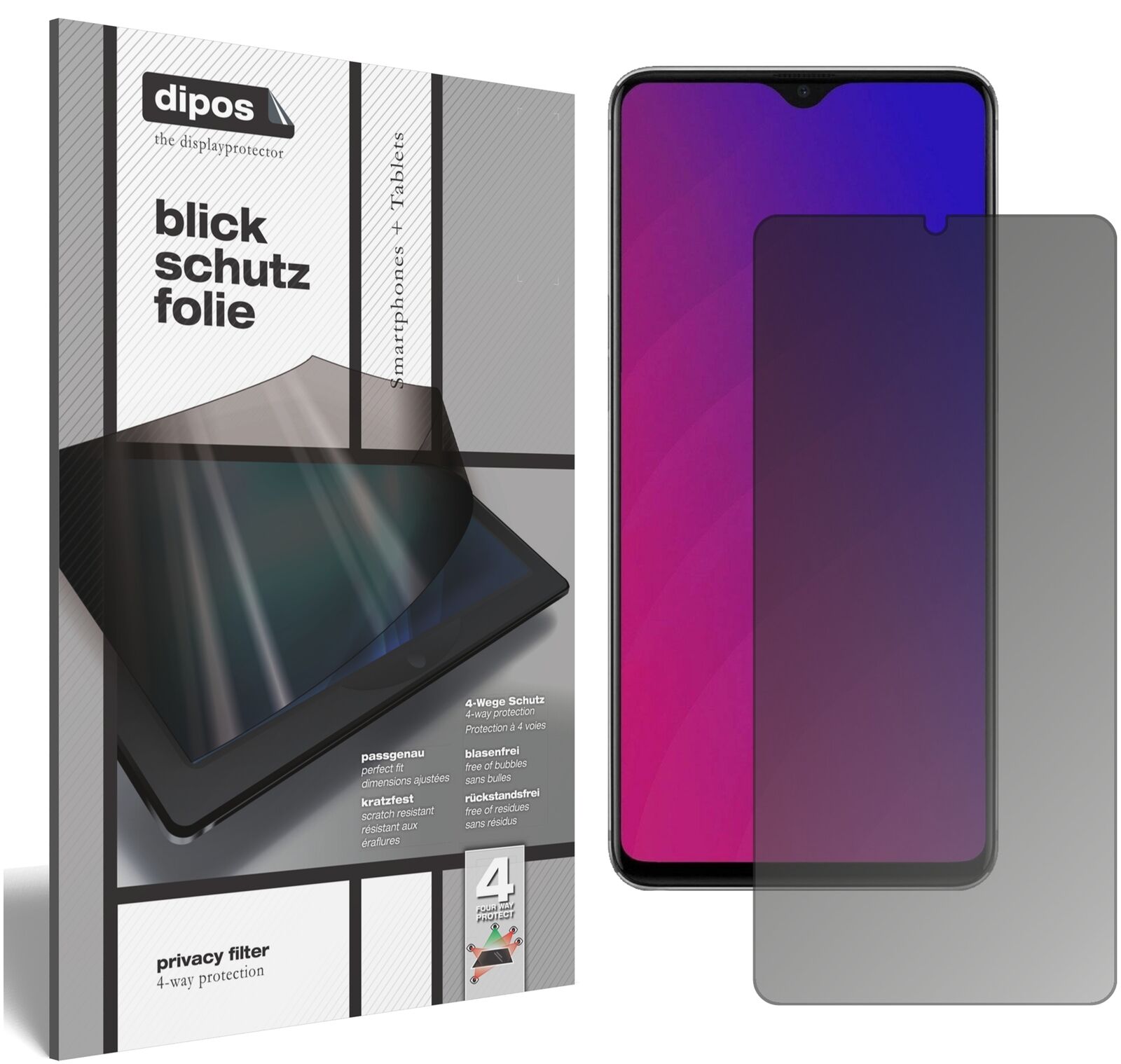OppoF9 mit aufgebrachtem dipos Displayschutz, der seitliche Einblicke blockiert