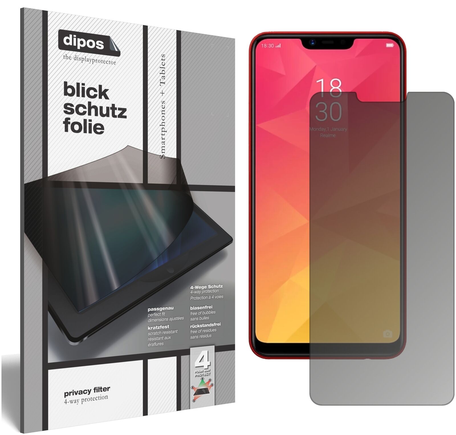 OppoRealme 2 mit aufgebrachtem dipos Displayschutz, der seitliche Einblicke blockiert