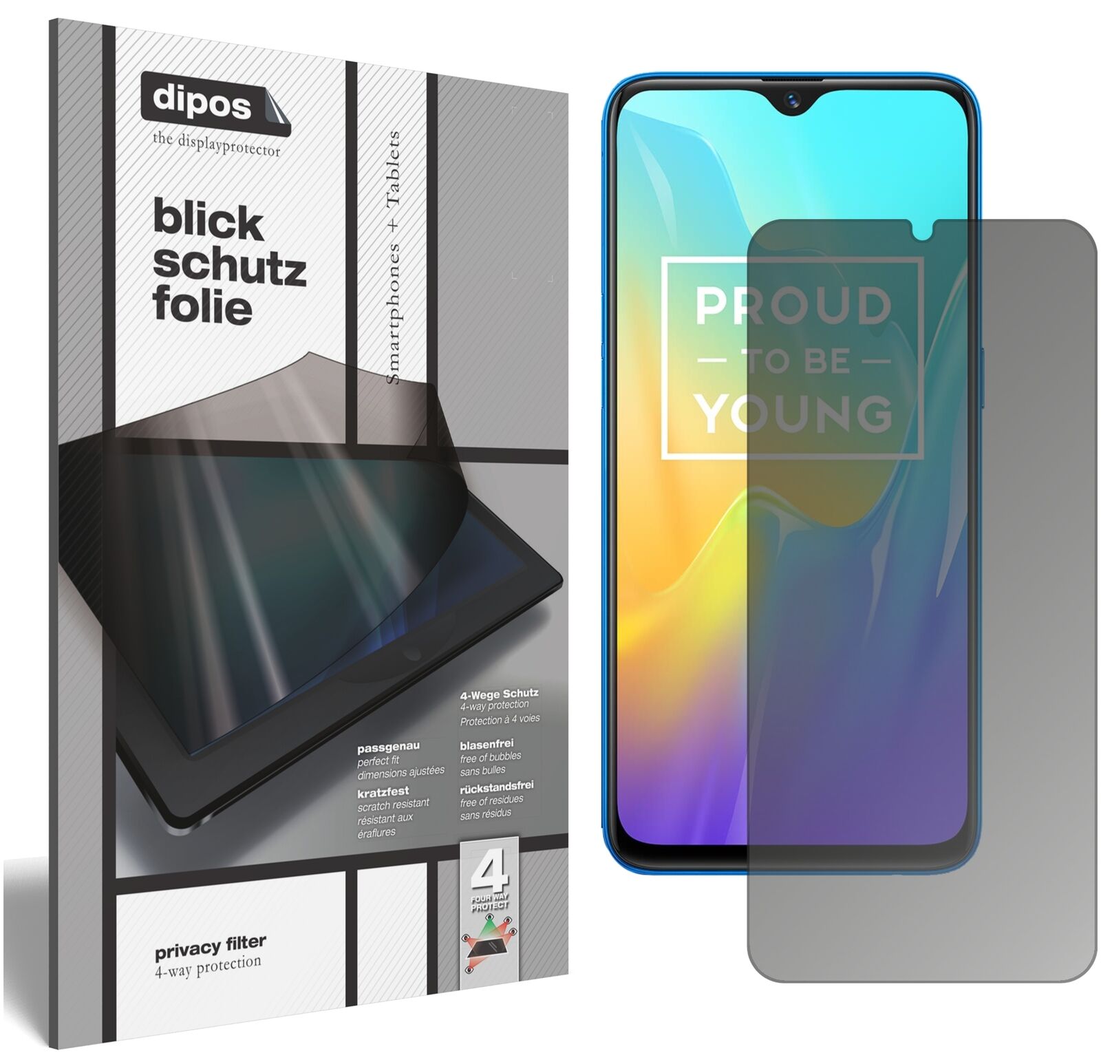 OppoRealme U1 mit aufgebrachtem dipos Displayschutz, der seitliche Einblicke blockiert