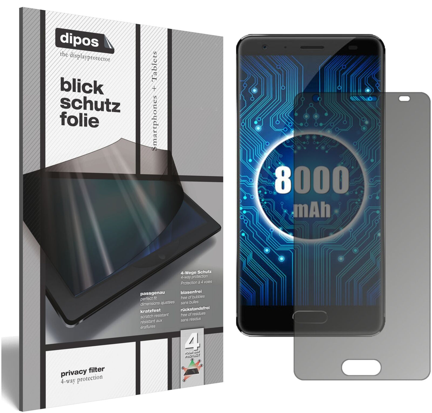 OukitelK8000 mit aufgebrachtem dipos Displayschutz, der seitliche Einblicke blockiert