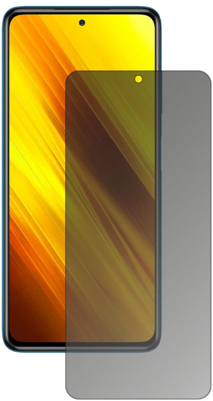 PocoX3 NFC mit aufgebrachtem dipos Displayschutz, der seitliche Einblicke blockiert