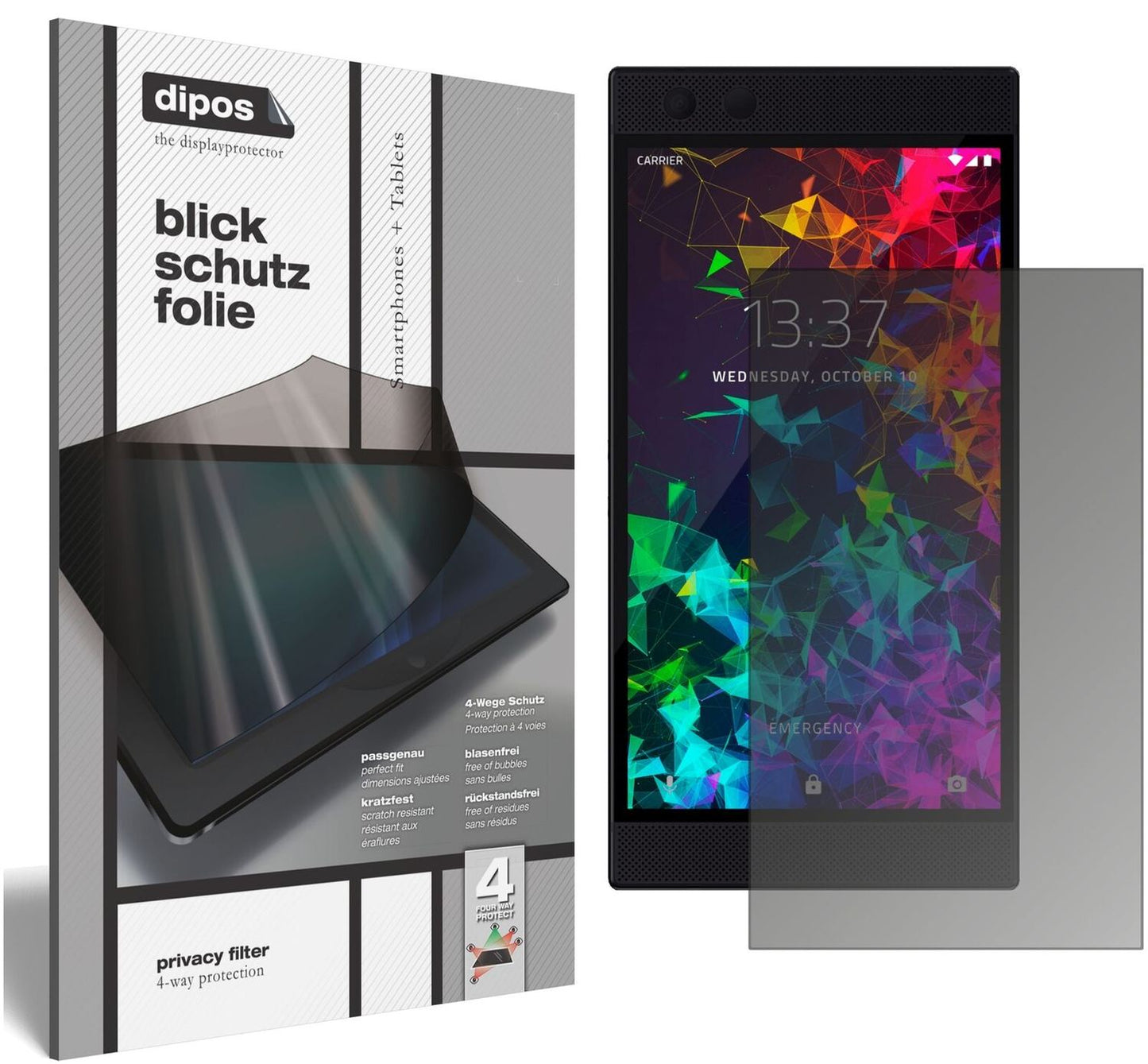 RazerPhone 2 mit aufgebrachtem dipos Displayschutz, der seitliche Einblicke blockiert