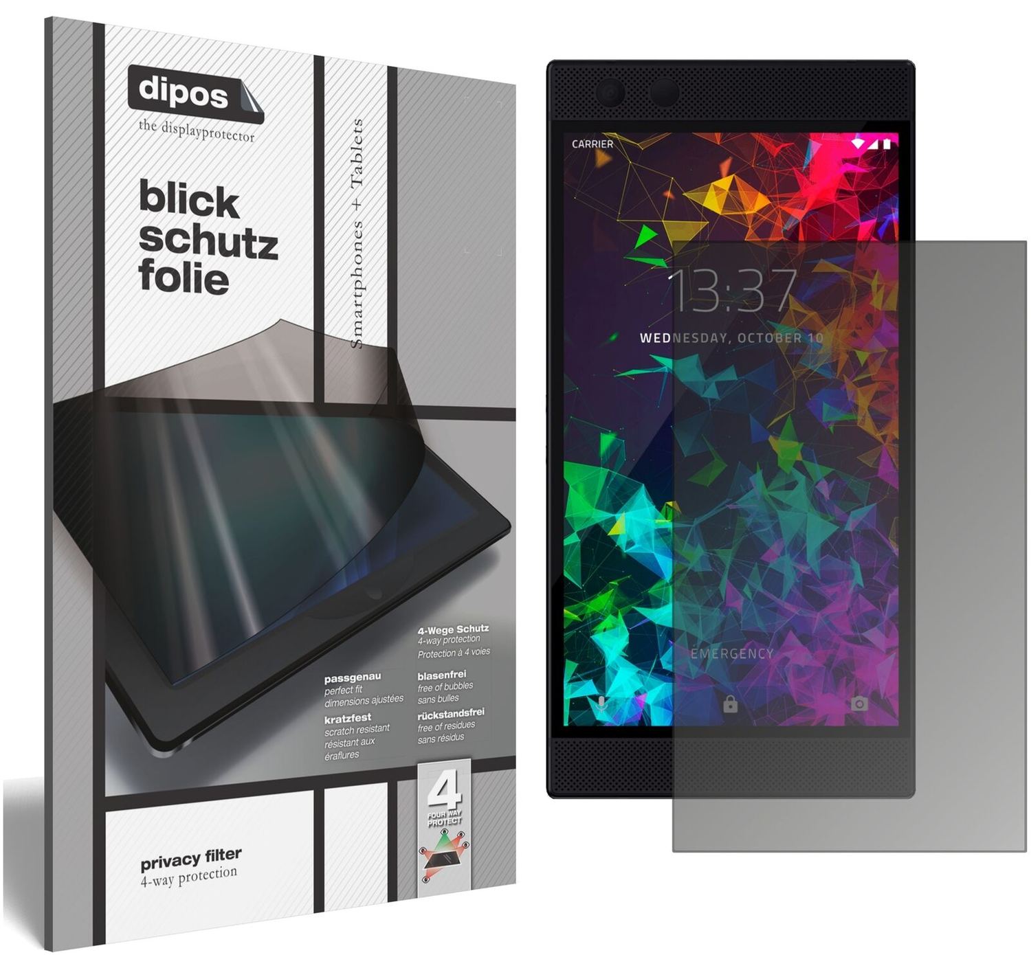 RazerPhone 2 mit aufgebrachtem dipos Displayschutz, der seitliche Einblicke blockiert