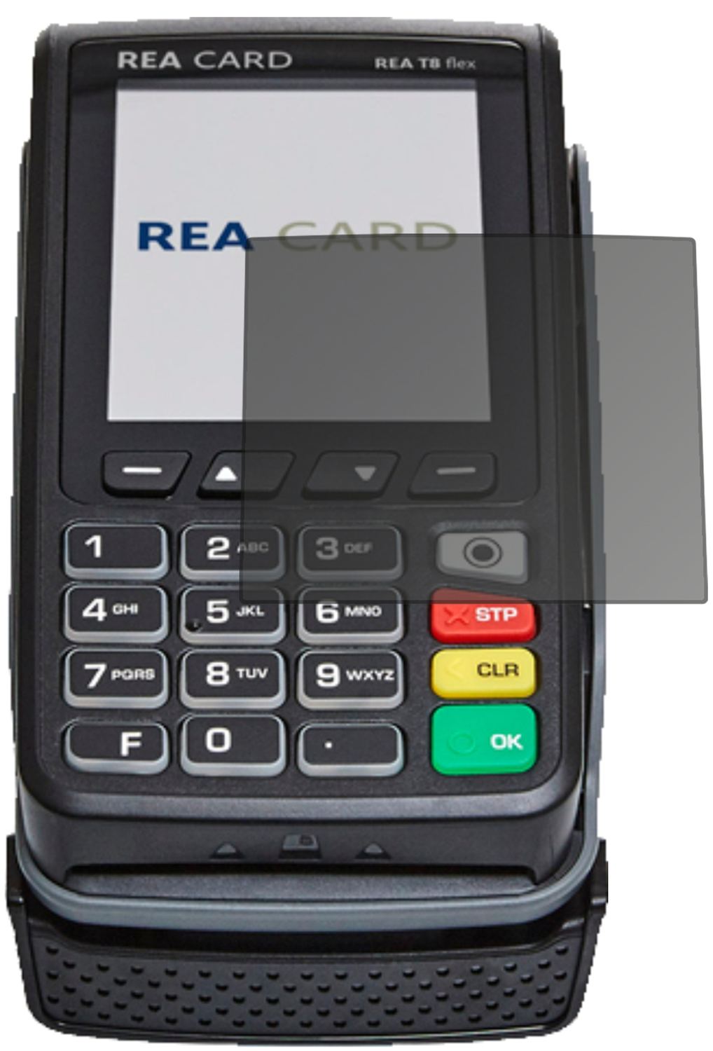 REA CARDT8 flex Terminal mit aufgebrachtem dipos Displayschutz, der seitliche Einblicke blockiert