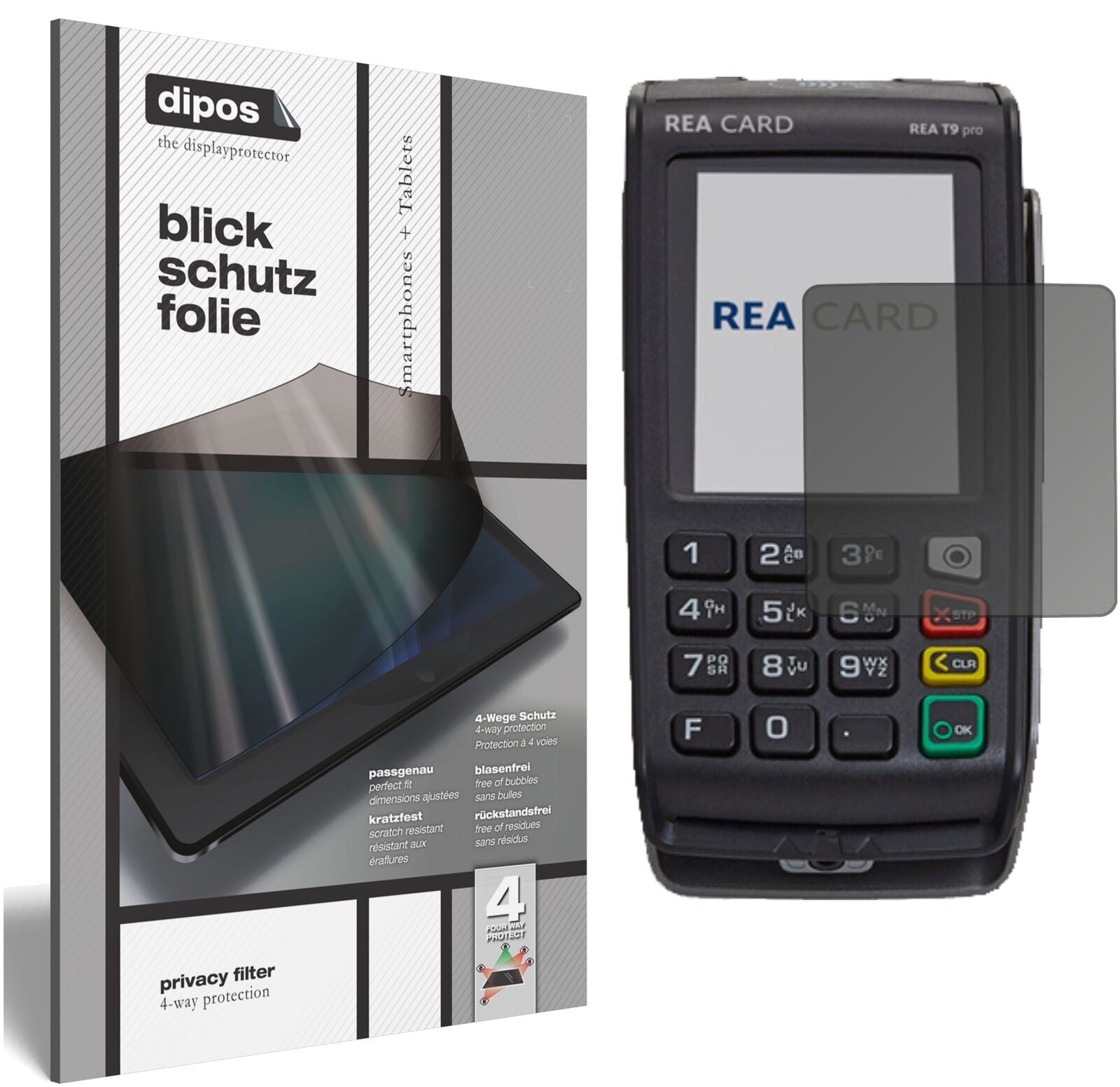 REA CARDT9 pro Terminal mit aufgebrachtem dipos Displayschutz, der seitliche Einblicke blockiert