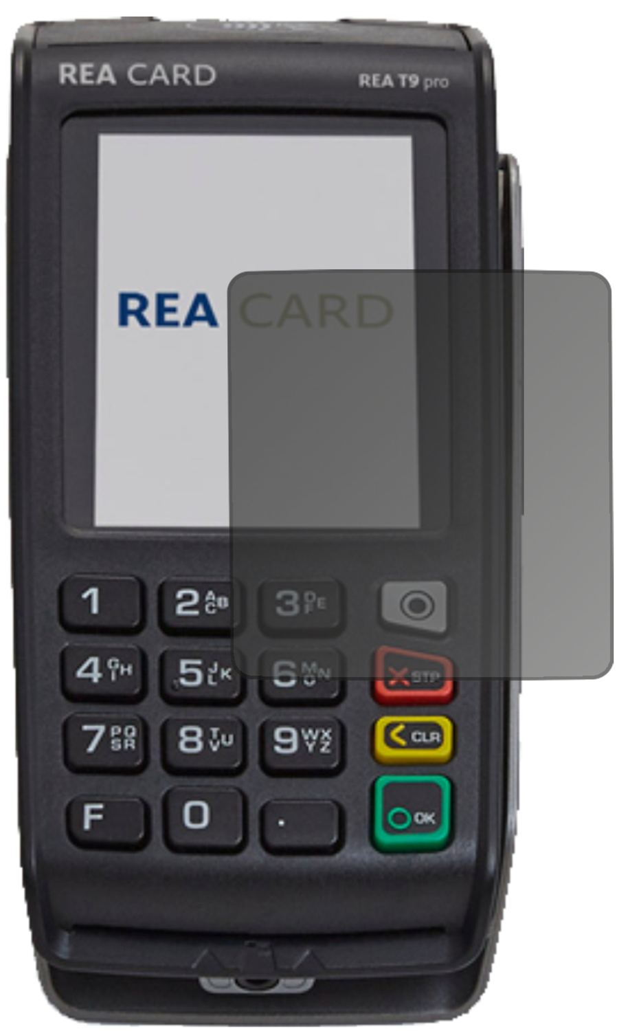 REA CARDT9 pro Terminal mit aufgebrachtem dipos Displayschutz, der seitliche Einblicke blockiert