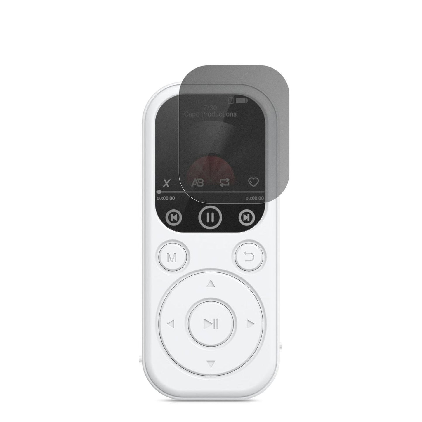 RWSRWMP301-BS MP3-Player mit aufgebrachtem dipos Displayschutz, der seitliche Einblicke blockiert