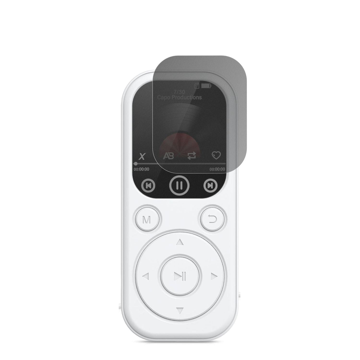 RWSRWMP301-BS MP3-Player mit aufgebrachtem dipos Displayschutz, der seitliche Einblicke blockiert