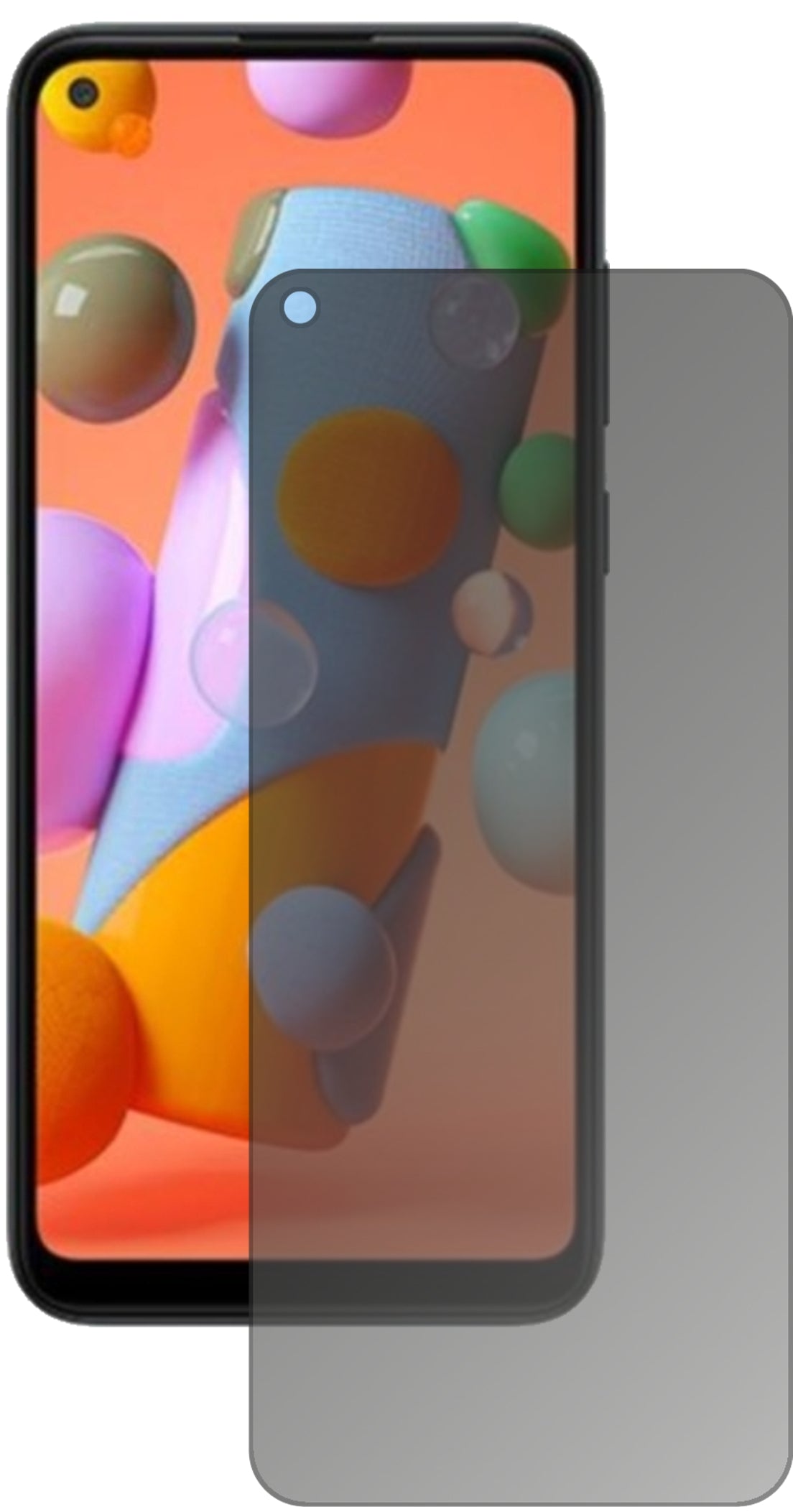 SamsungGalaxy A12 mit aufgebrachtem dipos Displayschutz, der seitliche Einblicke blockiert