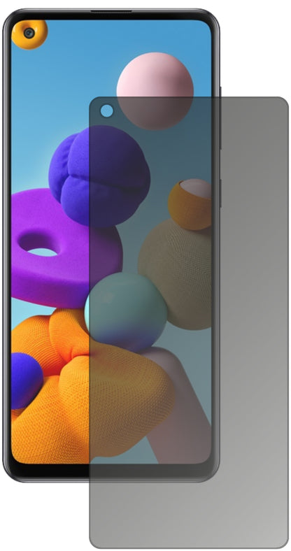SamsungGalaxy A21s mit aufgebrachtem dipos Displayschutz, der seitliche Einblicke blockiert