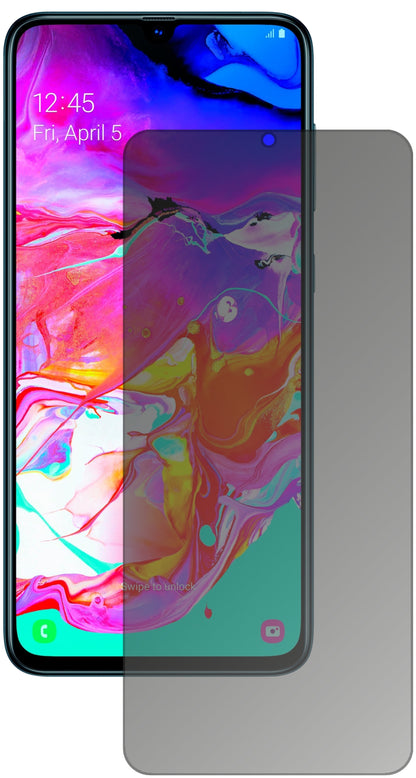 SamsungGalaxy A70s mit aufgebrachtem dipos Displayschutz, der seitliche Einblicke blockiert