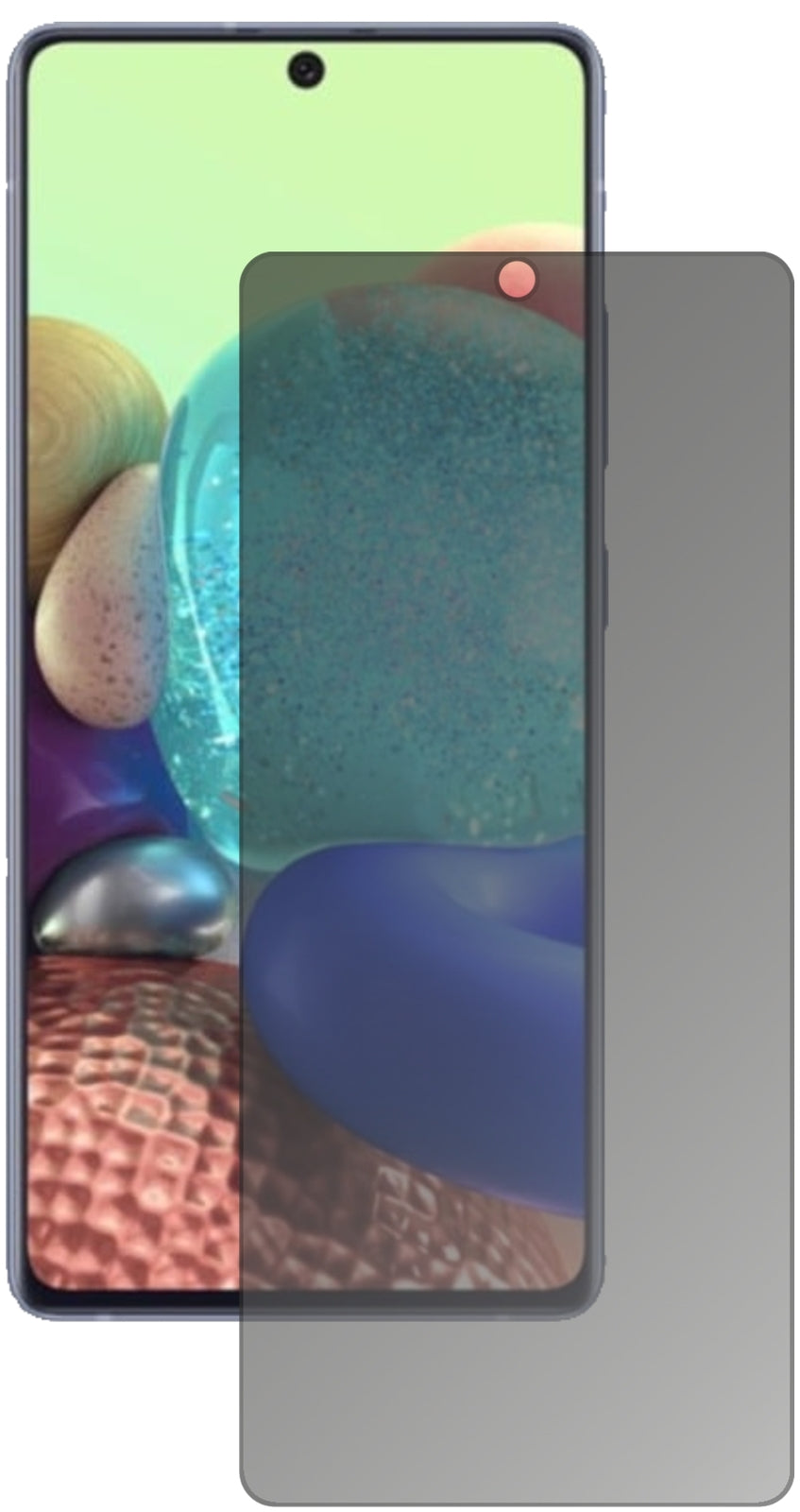 SamsungGalaxy A71 5G mit aufgebrachtem dipos Displayschutz, der seitliche Einblicke blockiert