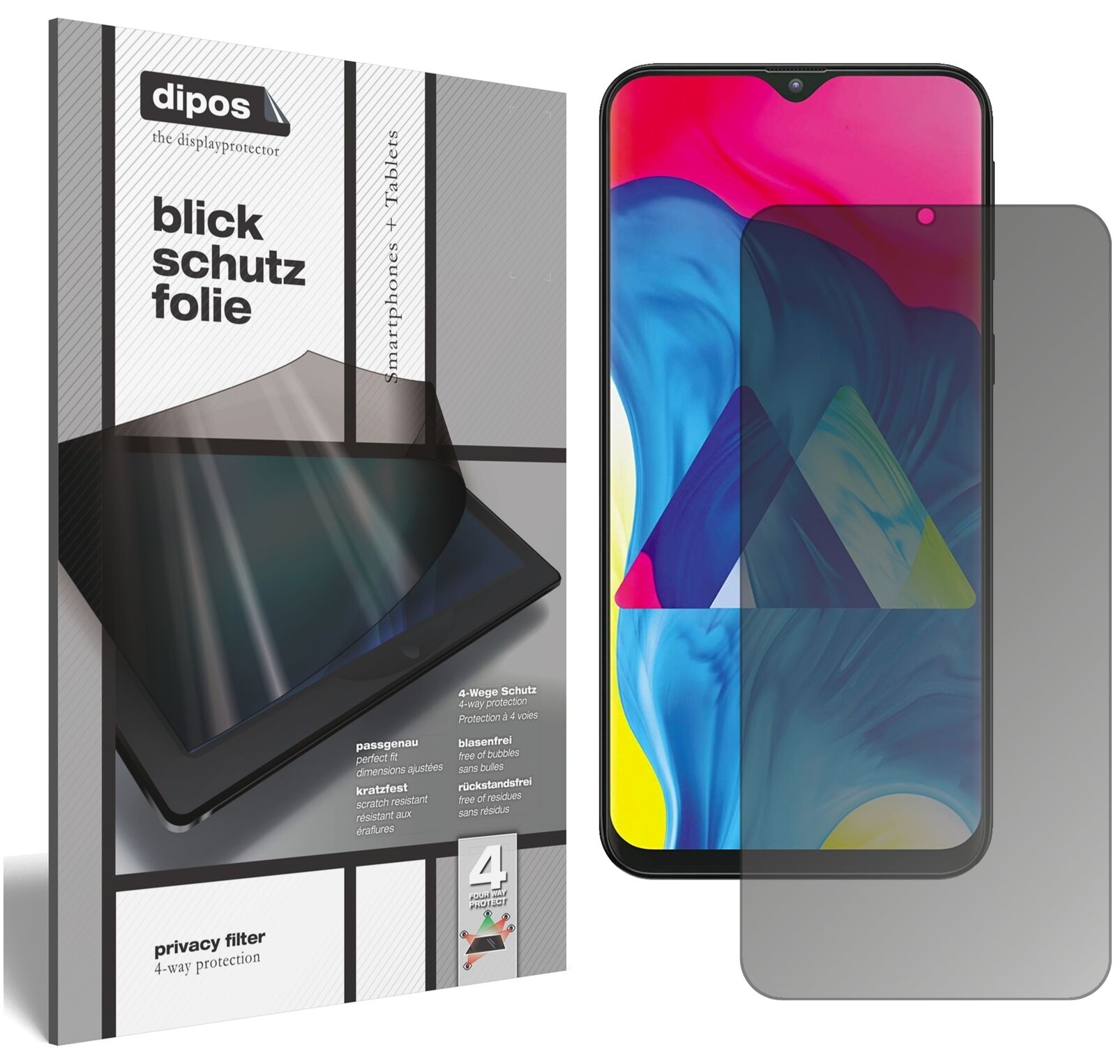 SamsungGalaxy M10 mit aufgebrachtem dipos Displayschutz, der seitliche Einblicke blockiert