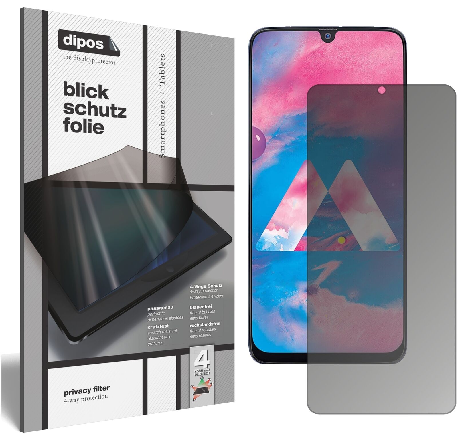 SamsungGalaxy M30 mit aufgebrachtem dipos Displayschutz, der seitliche Einblicke blockiert