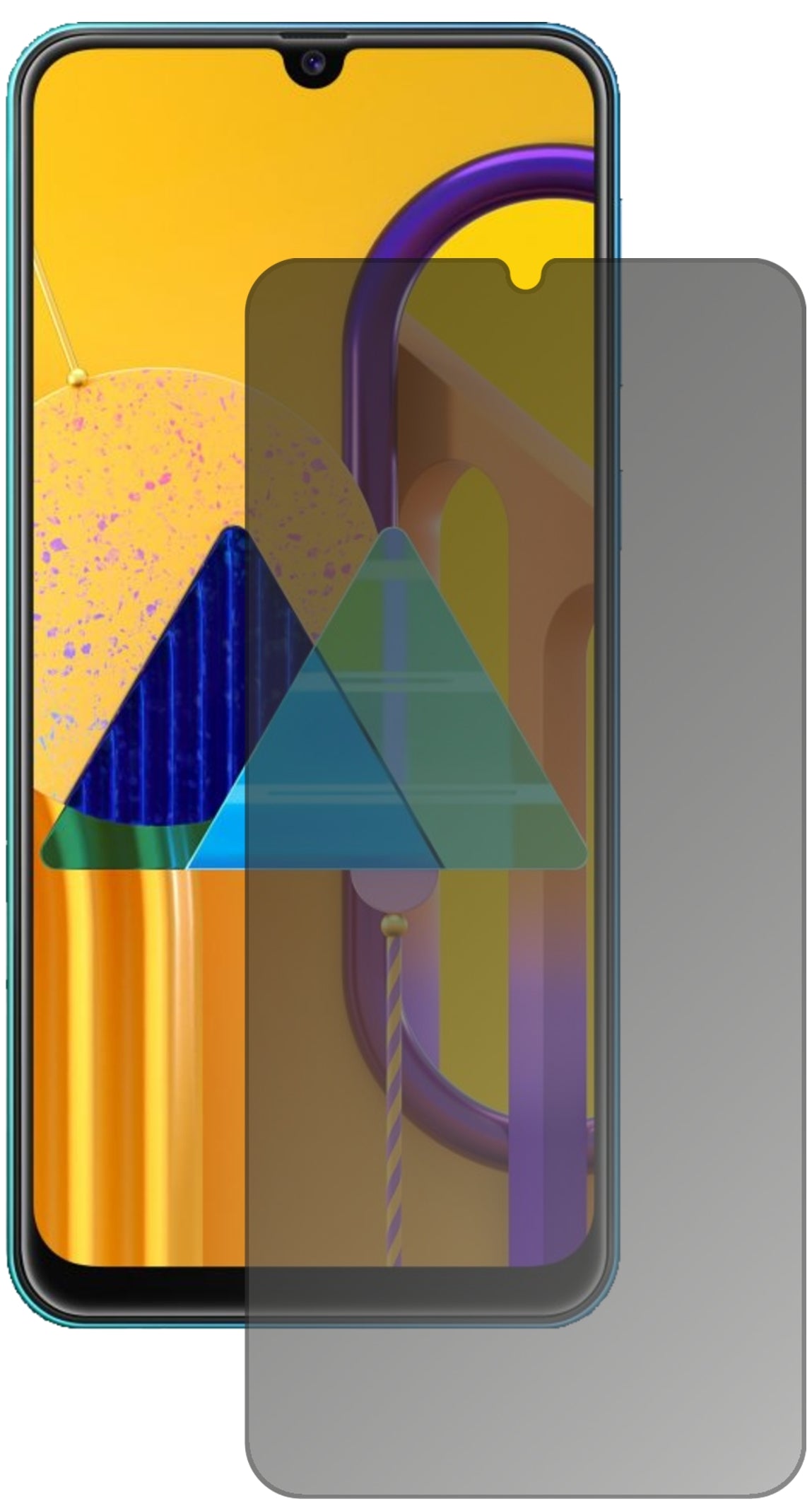 SamsungGalaxy M30s mit aufgebrachtem dipos Displayschutz, der seitliche Einblicke blockiert