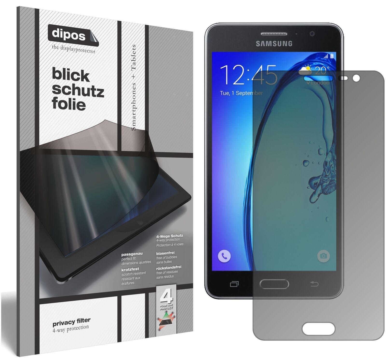 SamsungGalaxy On6 mit aufgebrachtem dipos Displayschutz, der seitliche Einblicke blockiert