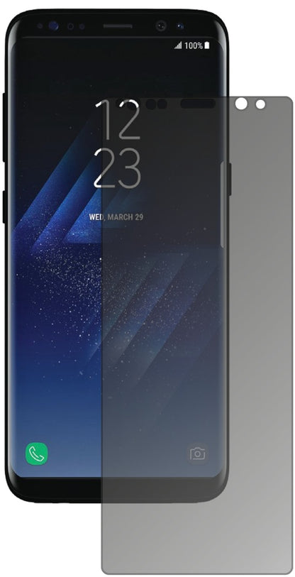 SamsungGalaxy S8 mit aufgebrachtem dipos Displayschutz, der seitliche Einblicke blockiert