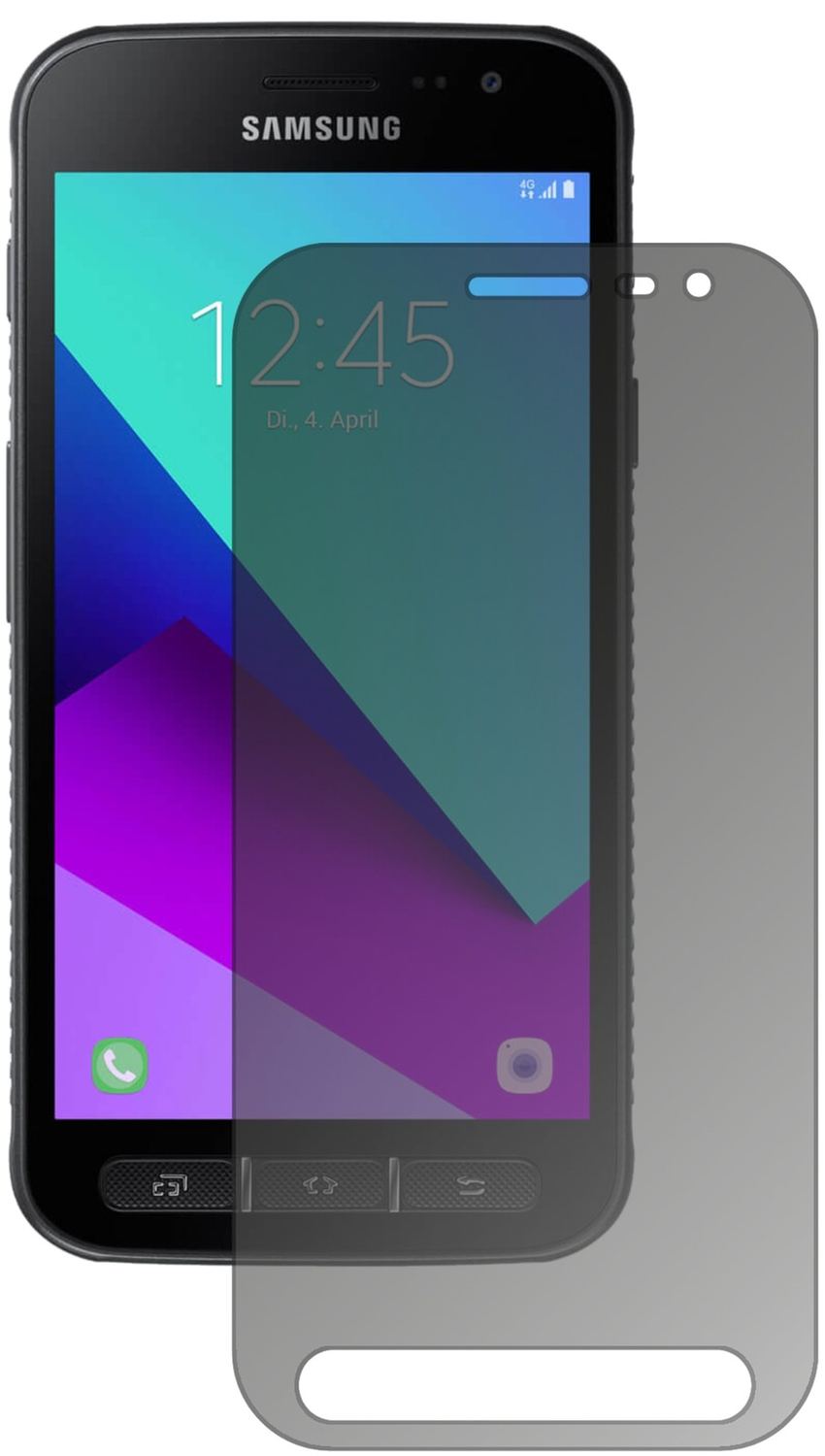 SamsungGalaxy Xcover 4 mit aufgebrachtem dipos Displayschutz, der seitliche Einblicke blockiert