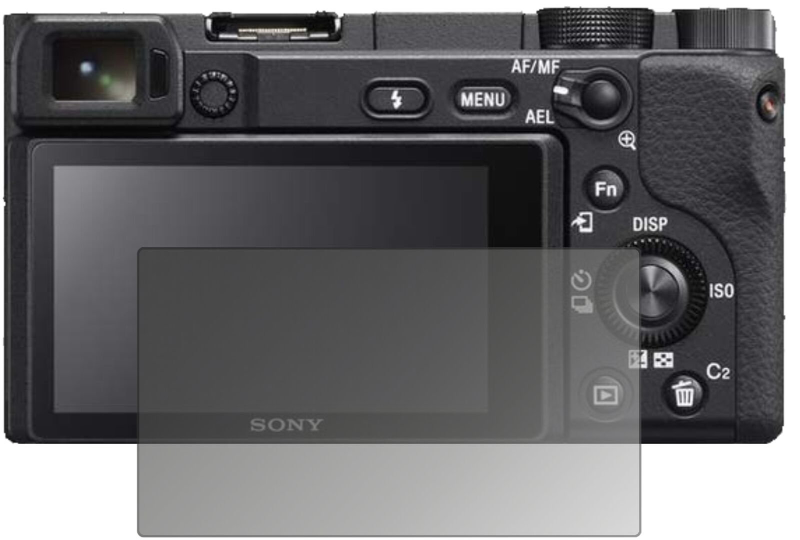 SonyAlpha 6400 mit aufgebrachtem dipos Displayschutz, der seitliche Einblicke blockiert