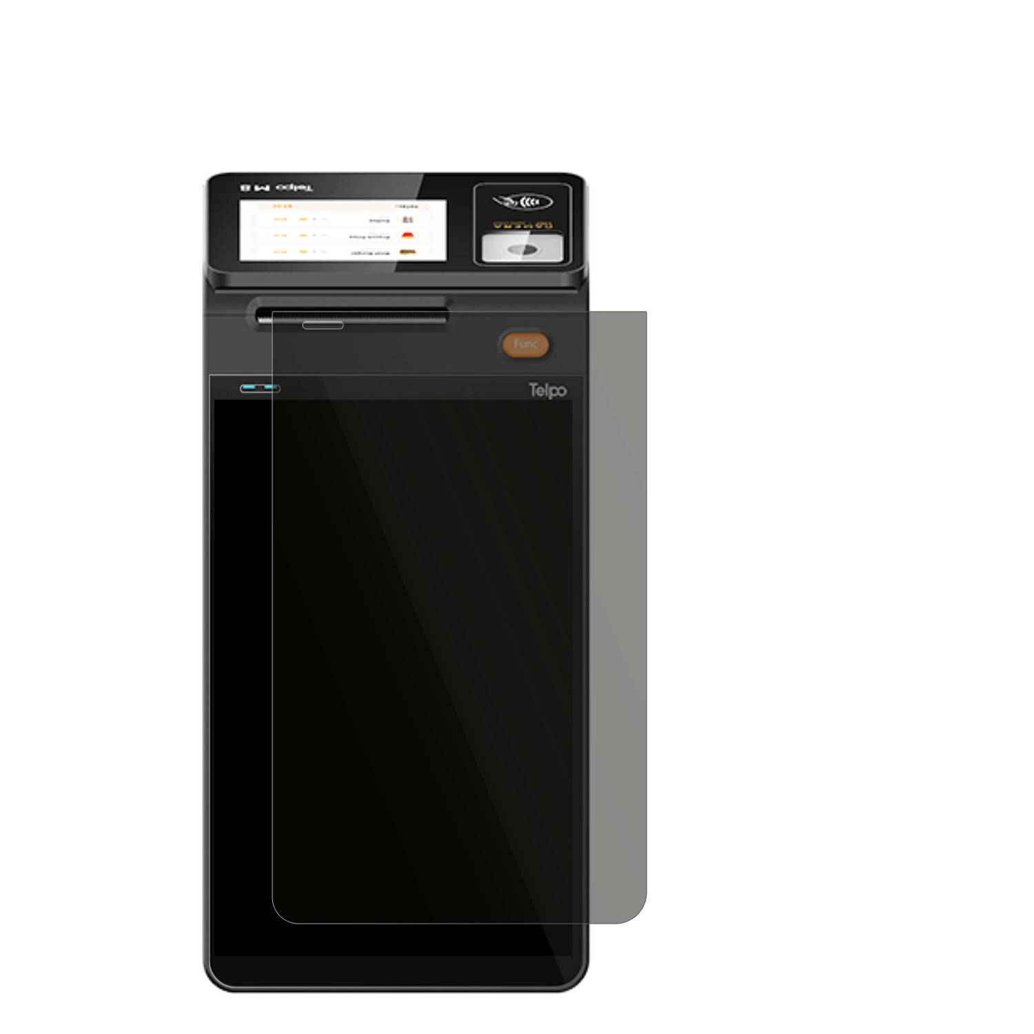 TelpoM10 Back-Display mit aufgebrachtem dipos Displayschutz, der seitliche Einblicke blockiert