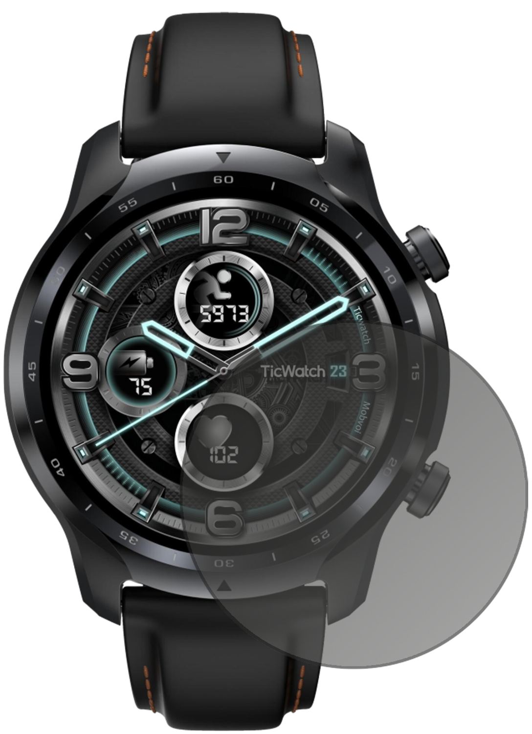 TicWatchPro 3 GPS mit aufgebrachtem dipos Displayschutz, der seitliche Einblicke blockiert