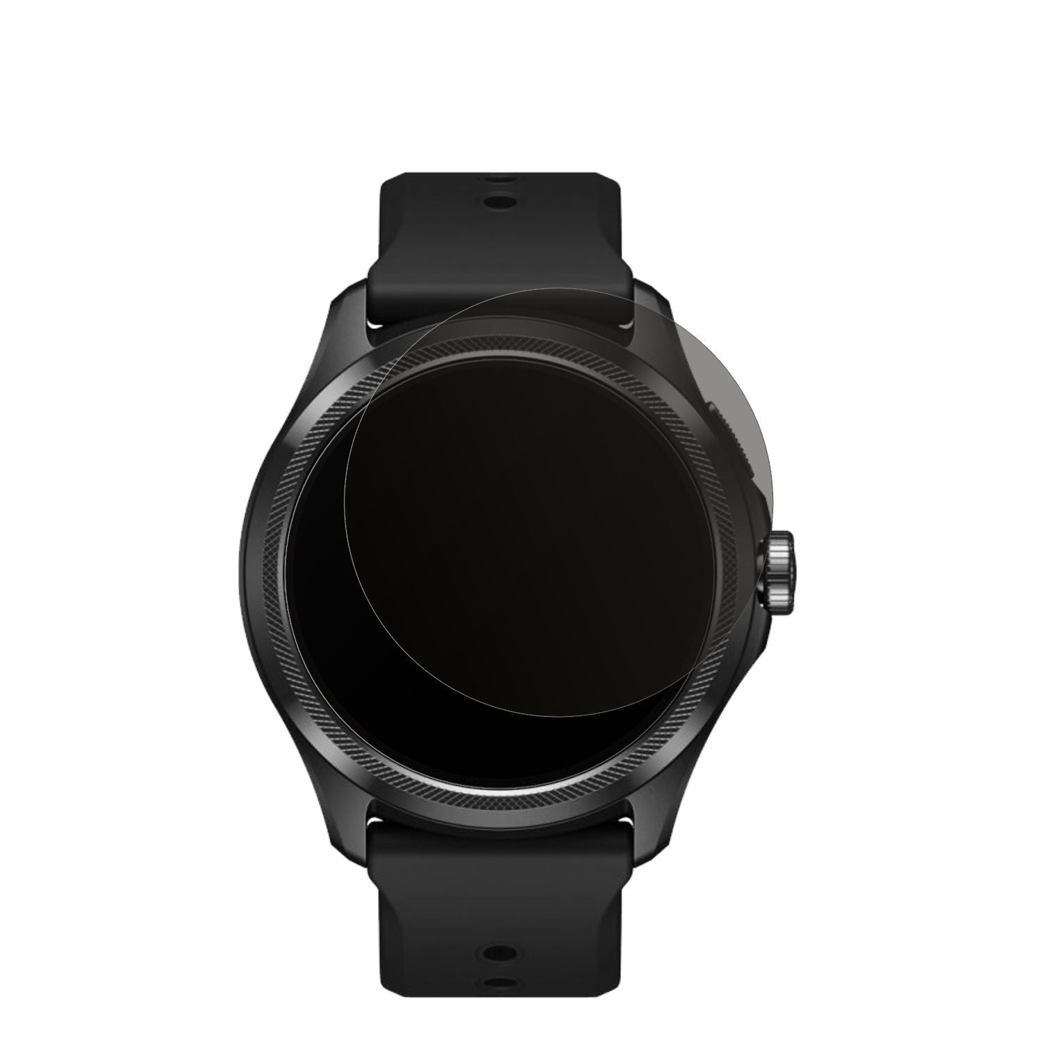 TicwatchPro 5 mit aufgebrachtem dipos Displayschutz, der seitliche Einblicke blockiert