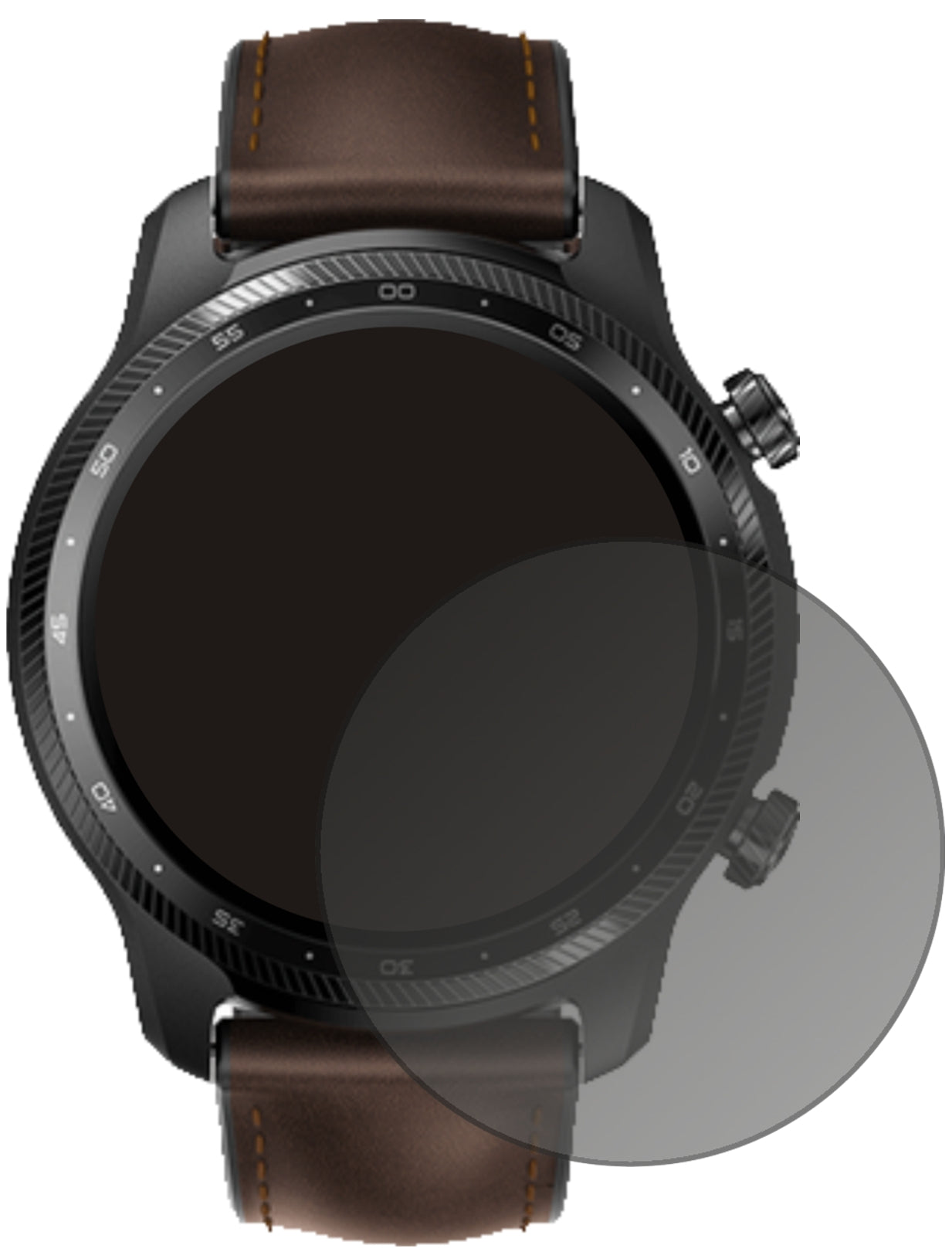 TicWatchPro X mit aufgebrachtem dipos Displayschutz, der seitliche Einblicke blockiert