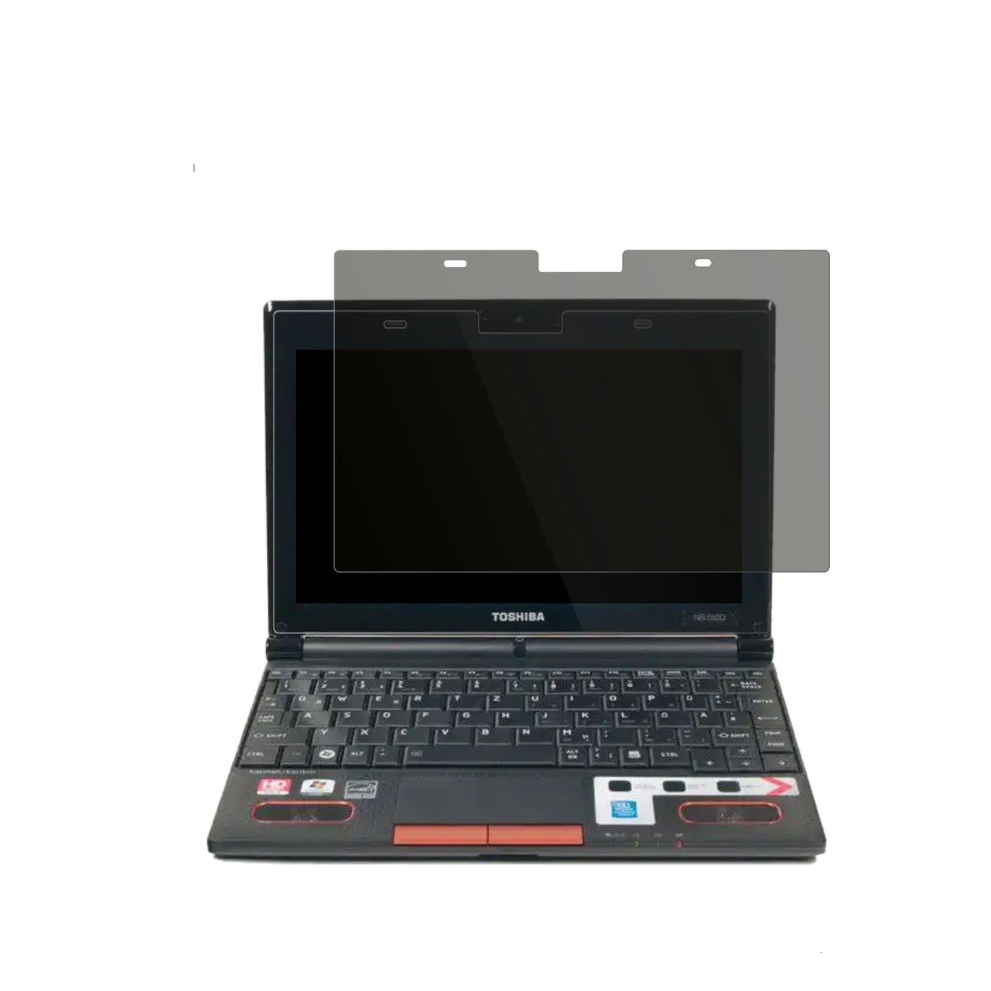 ToshibaNB550D 10 Zoll mit aufgebrachtem dipos Displayschutz, der seitliche Einblicke blockiert