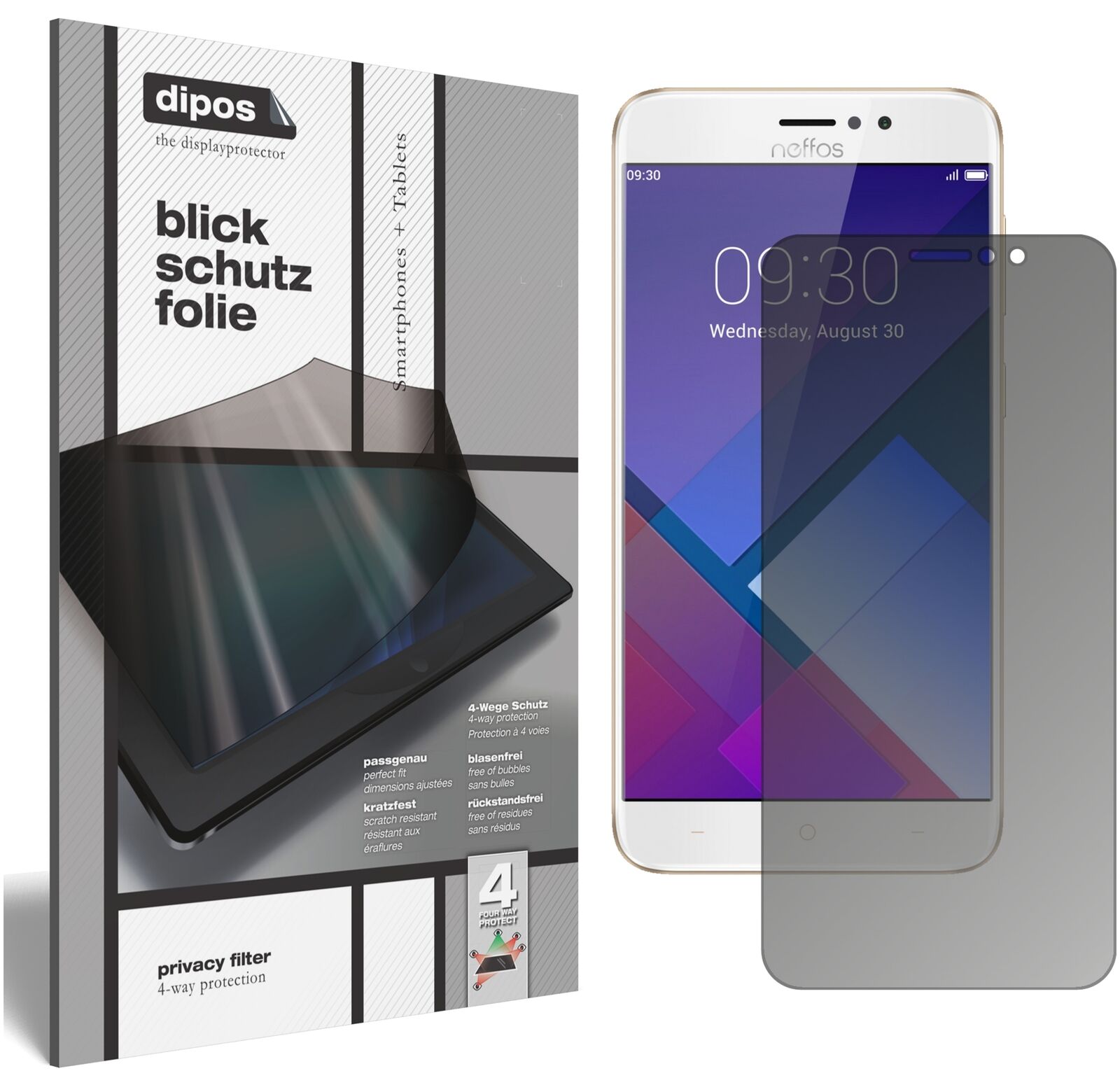 TP-LinkNeffos C7 mit aufgebrachtem dipos Displayschutz, der seitliche Einblicke blockiert