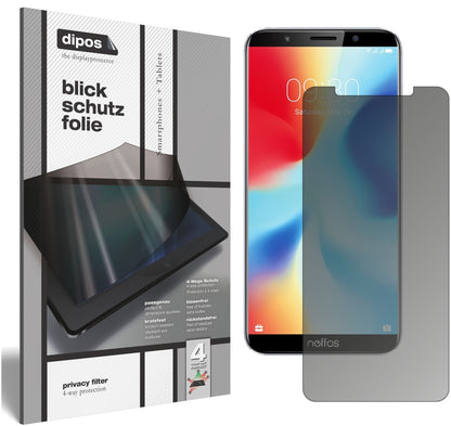 TP-LinkNeffos C9A mit aufgebrachtem dipos Displayschutz, der seitliche Einblicke blockiert