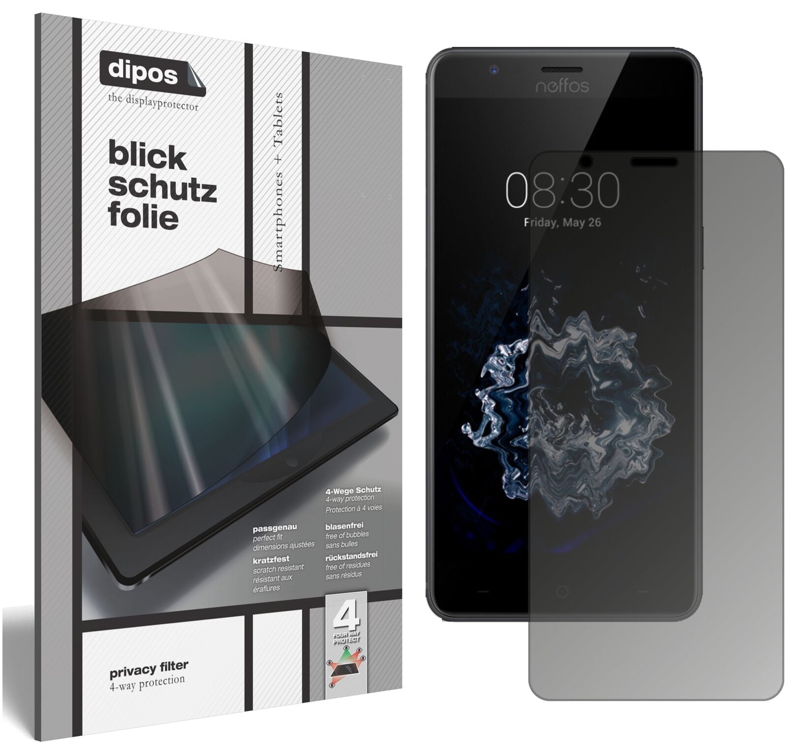 TP-LinkNeffos N1 mit aufgebrachtem dipos Displayschutz, der seitliche Einblicke blockiert