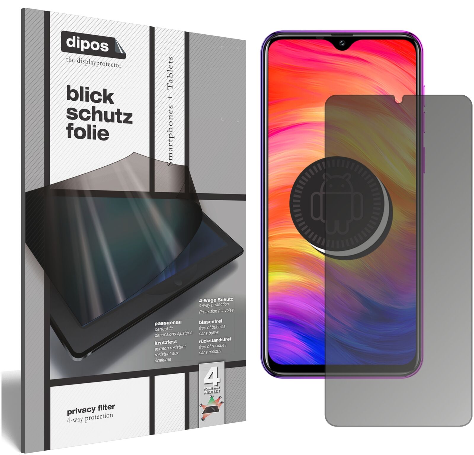 UlefoneNote 7 mit aufgebrachtem dipos Displayschutz, der seitliche Einblicke blockiert