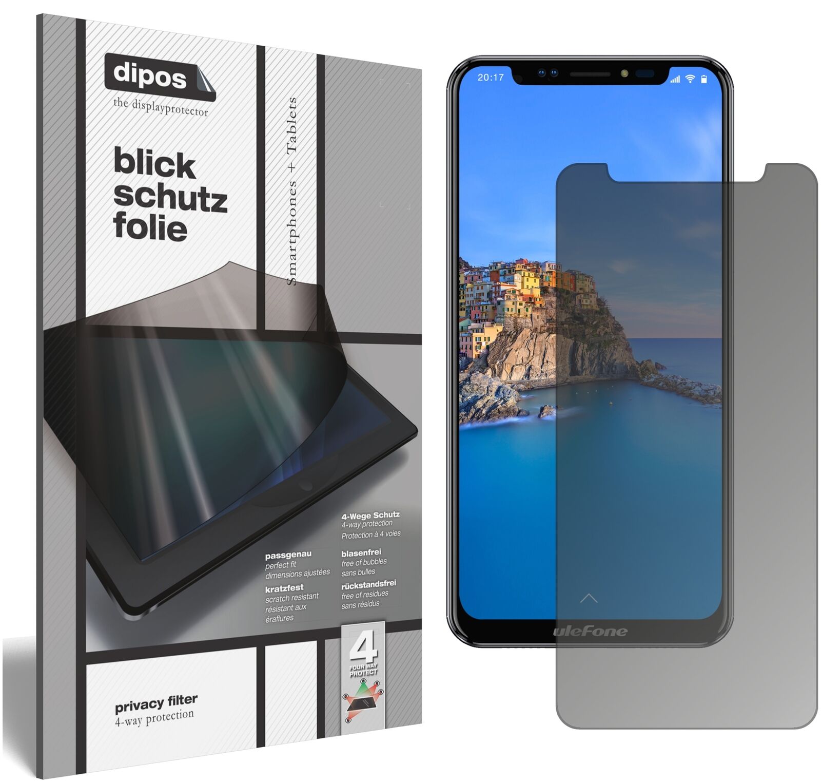 UlefoneX mit aufgebrachtem dipos Displayschutz, der seitliche Einblicke blockiert