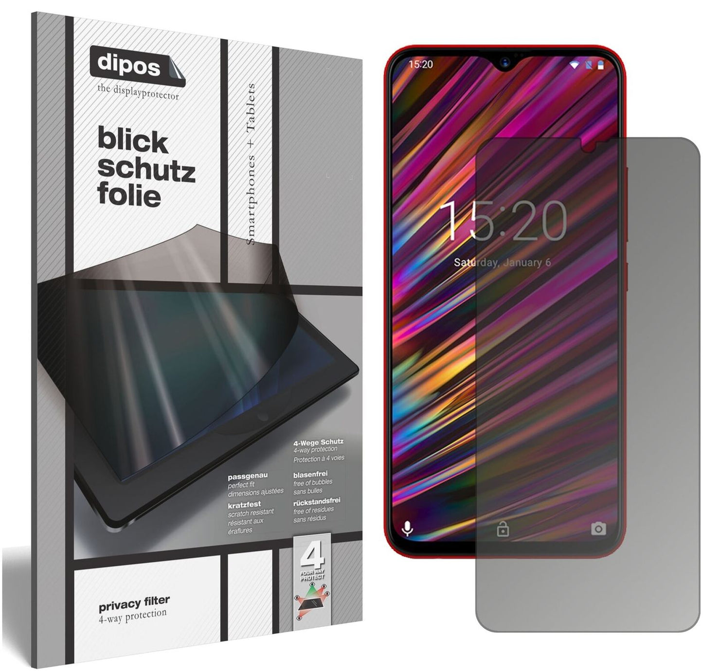 UmidigiF1 mit aufgebrachtem dipos Displayschutz, der seitliche Einblicke blockiert