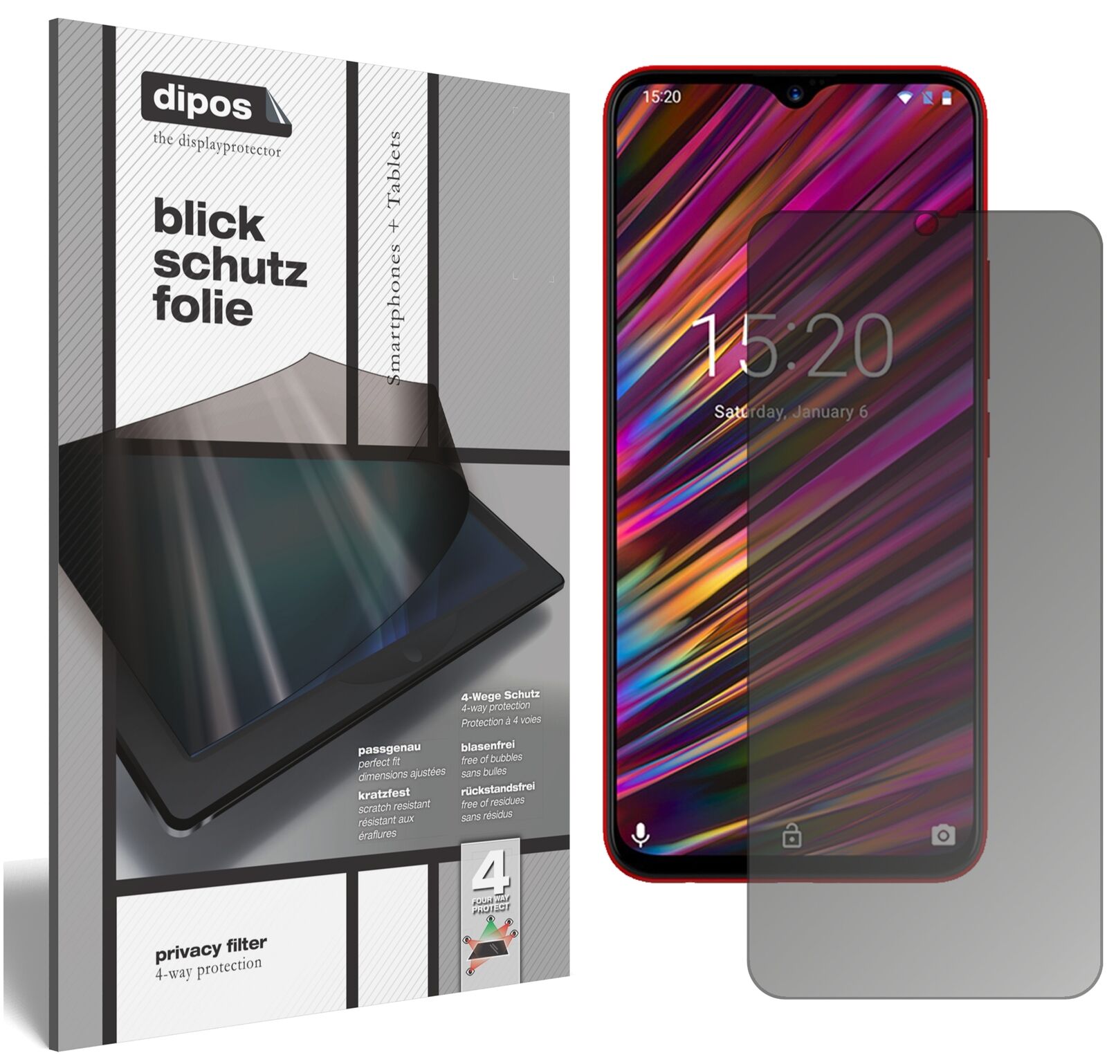 UmidigiF1 Play mit aufgebrachtem dipos Displayschutz, der seitliche Einblicke blockiert
