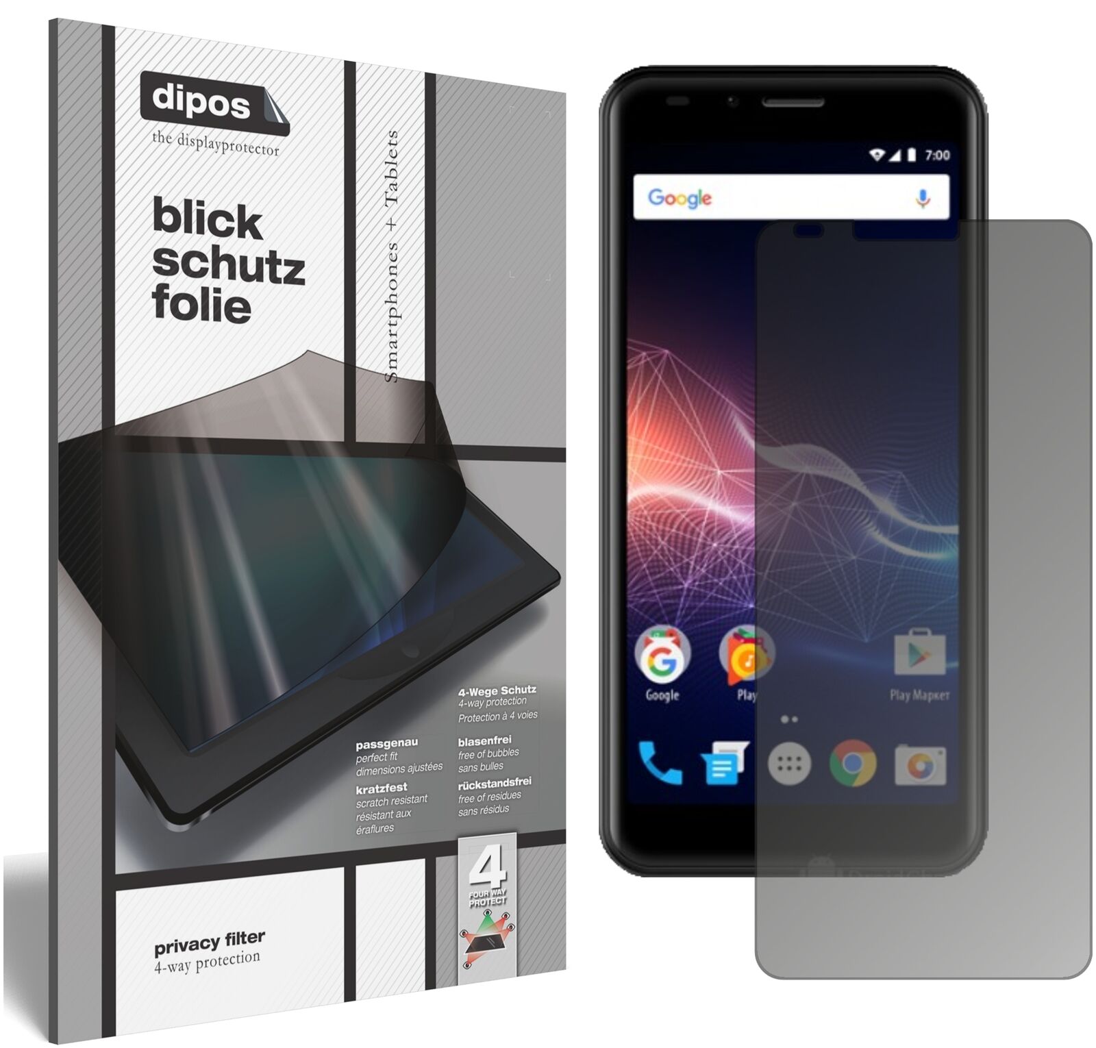 VertexImpress Click 3G 2018 mit aufgebrachtem dipos Displayschutz, der seitliche Einblicke blockiert