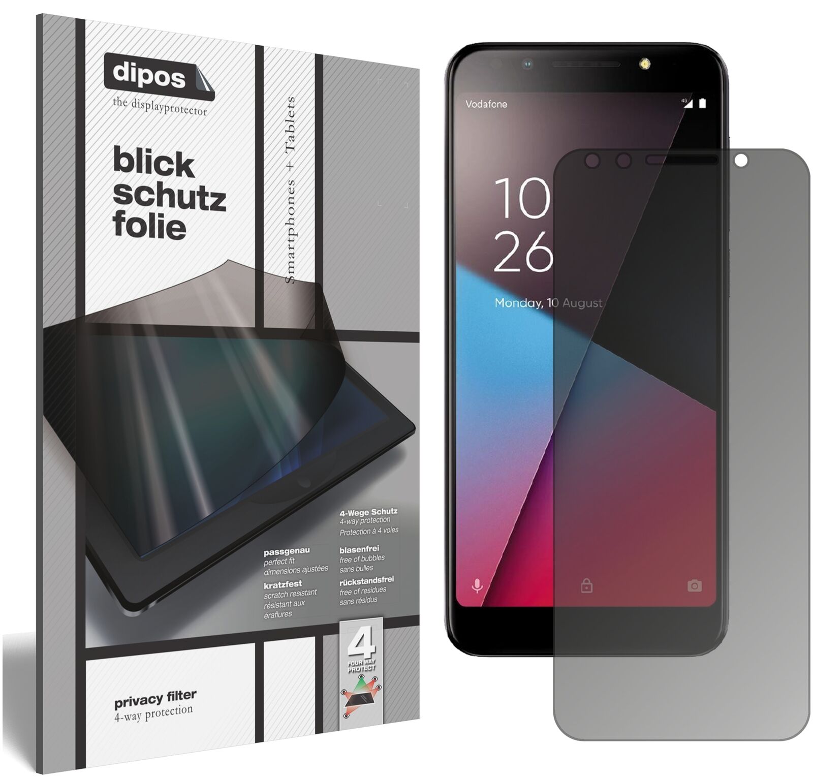 VodafoneSmart N9 Lite mit aufgebrachtem dipos Displayschutz, der seitliche Einblicke blockiert