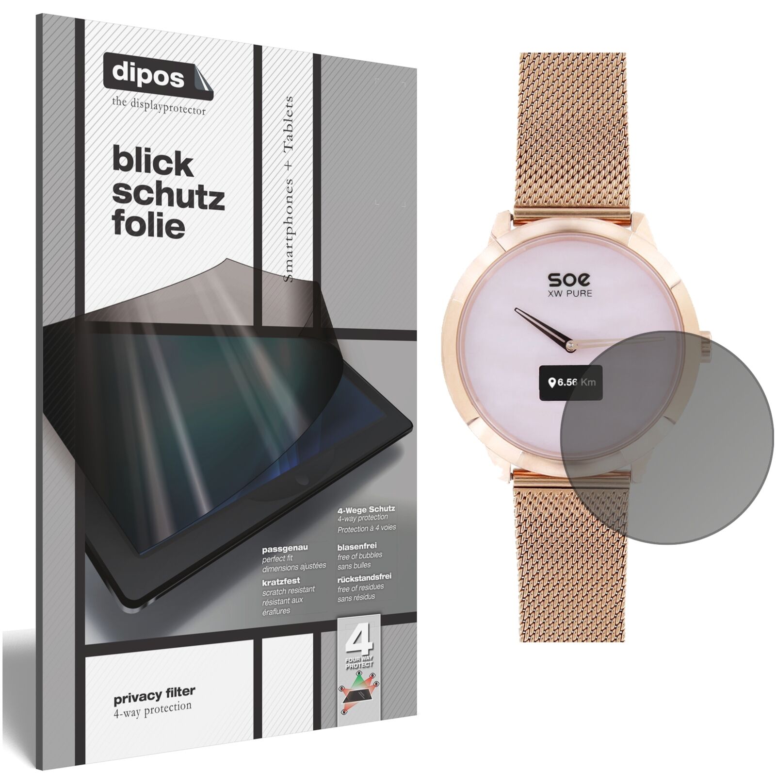 X-WATCHSOE XW Pure mit aufgebrachtem dipos Displayschutz, der seitliche Einblicke blockiert