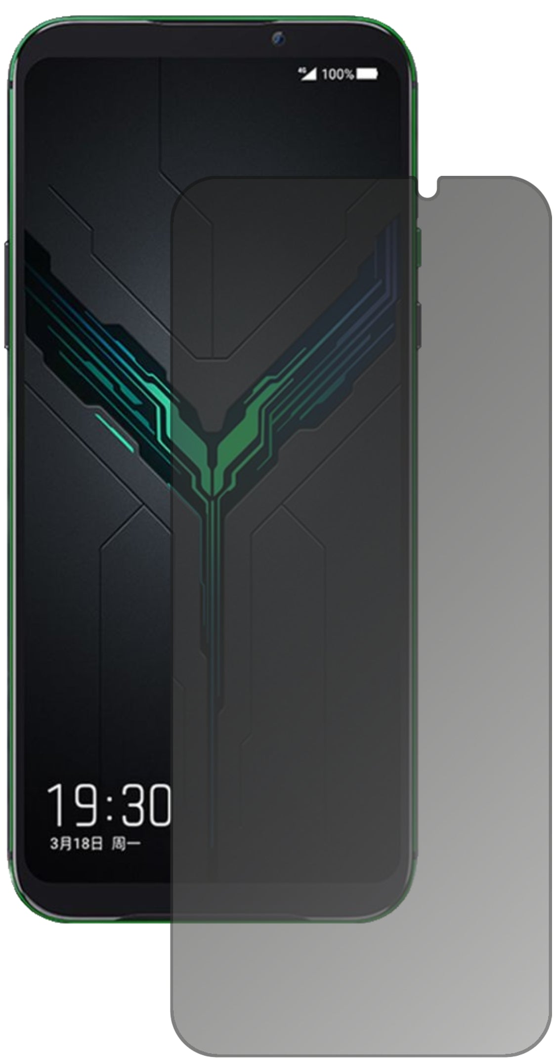 XiaomiBlack Shark 2 mit aufgebrachtem dipos Displayschutz, der seitliche Einblicke blockiert
