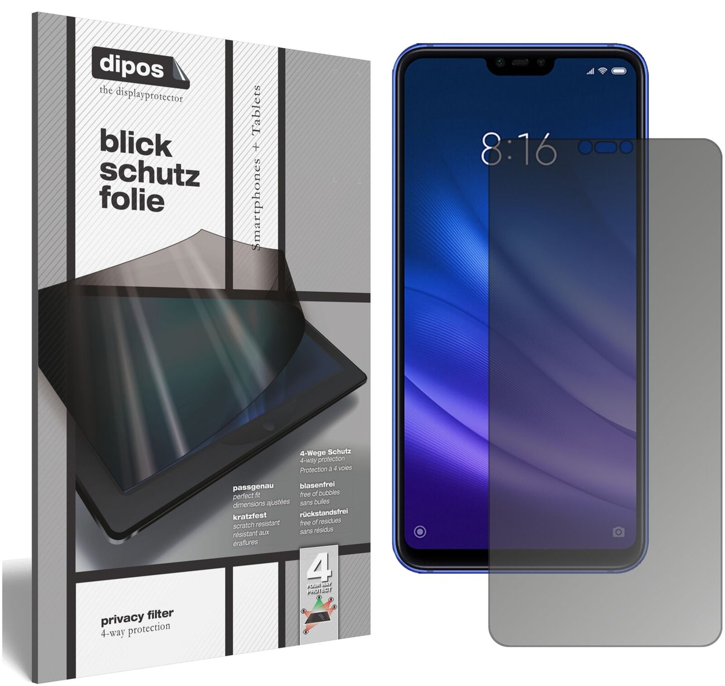XiaomiMi 8 Lite mit aufgebrachtem dipos Displayschutz, der seitliche Einblicke blockiert
