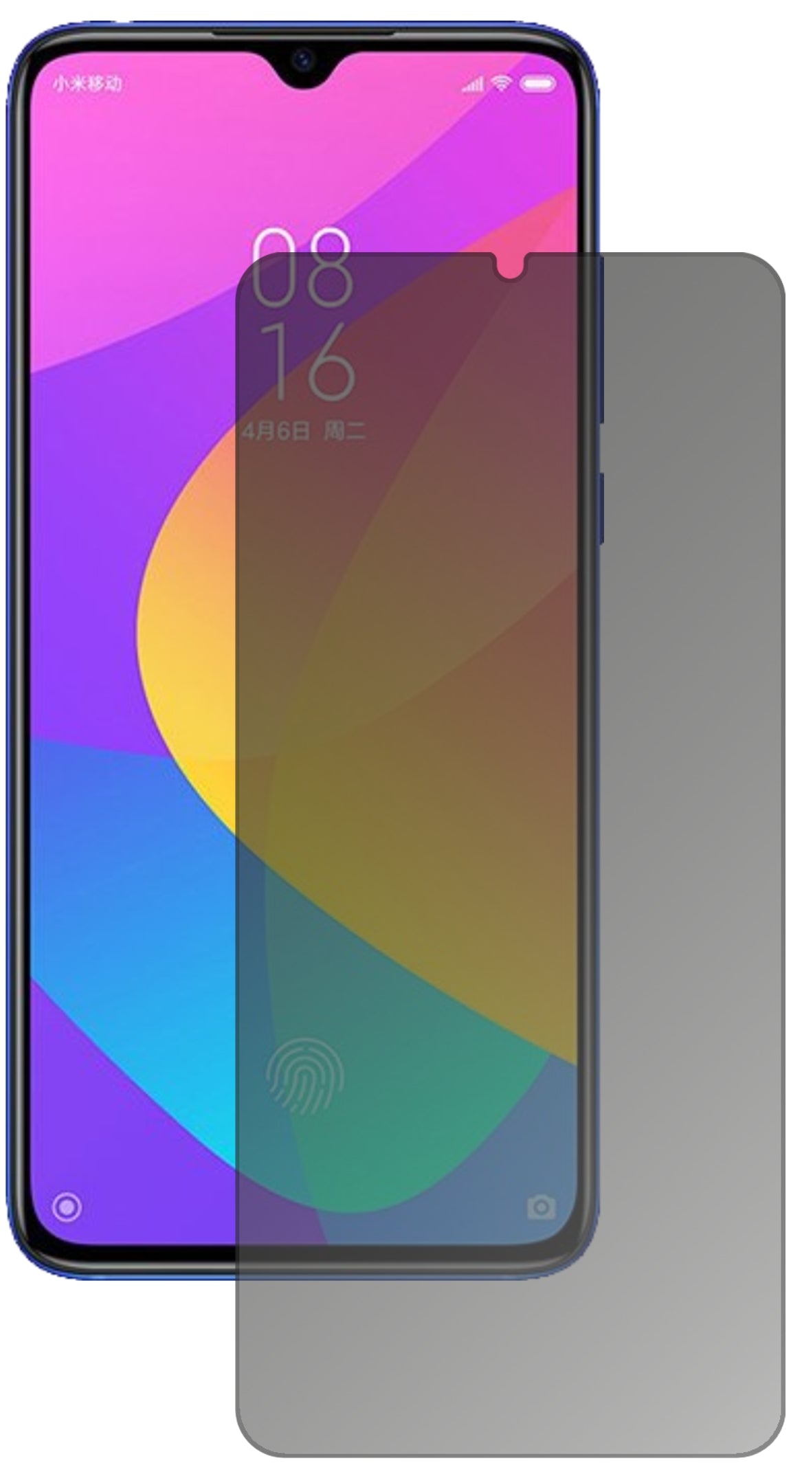 XiaomiMi 9 Lite mit aufgebrachtem dipos Displayschutz, der seitliche Einblicke blockiert
