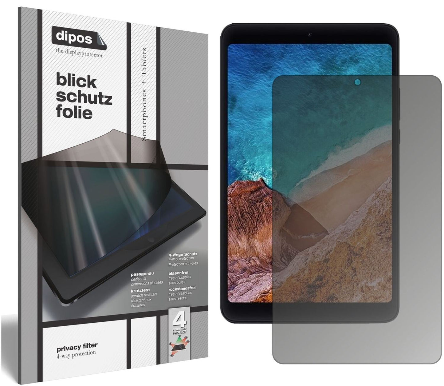 XiaomiMi Pad 4 mit aufgebrachtem dipos Displayschutz, der seitliche Einblicke blockiert