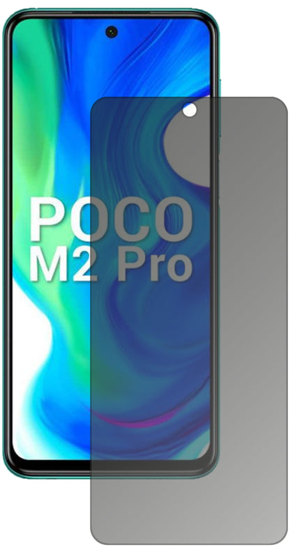 XiaomiPoco M2 Pro mit aufgebrachtem dipos Displayschutz, der seitliche Einblicke blockiert