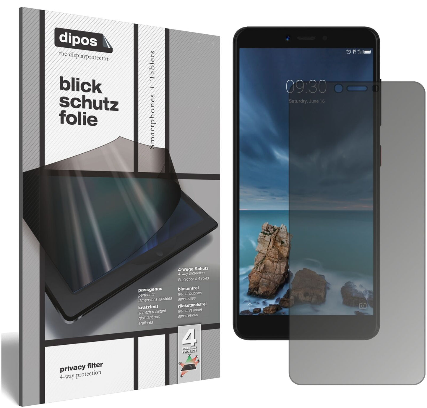 ZTEBlade A7 Vita mit aufgebrachtem dipos Displayschutz, der seitliche Einblicke blockiert