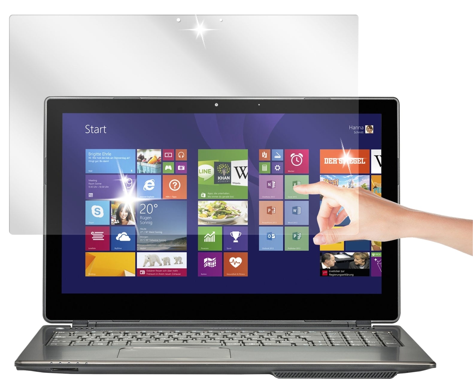Akoya E6240TMedion mit aufgebrachter dipos Displayschutzfolie, glasklare Darstellung ohne Einschränkungen