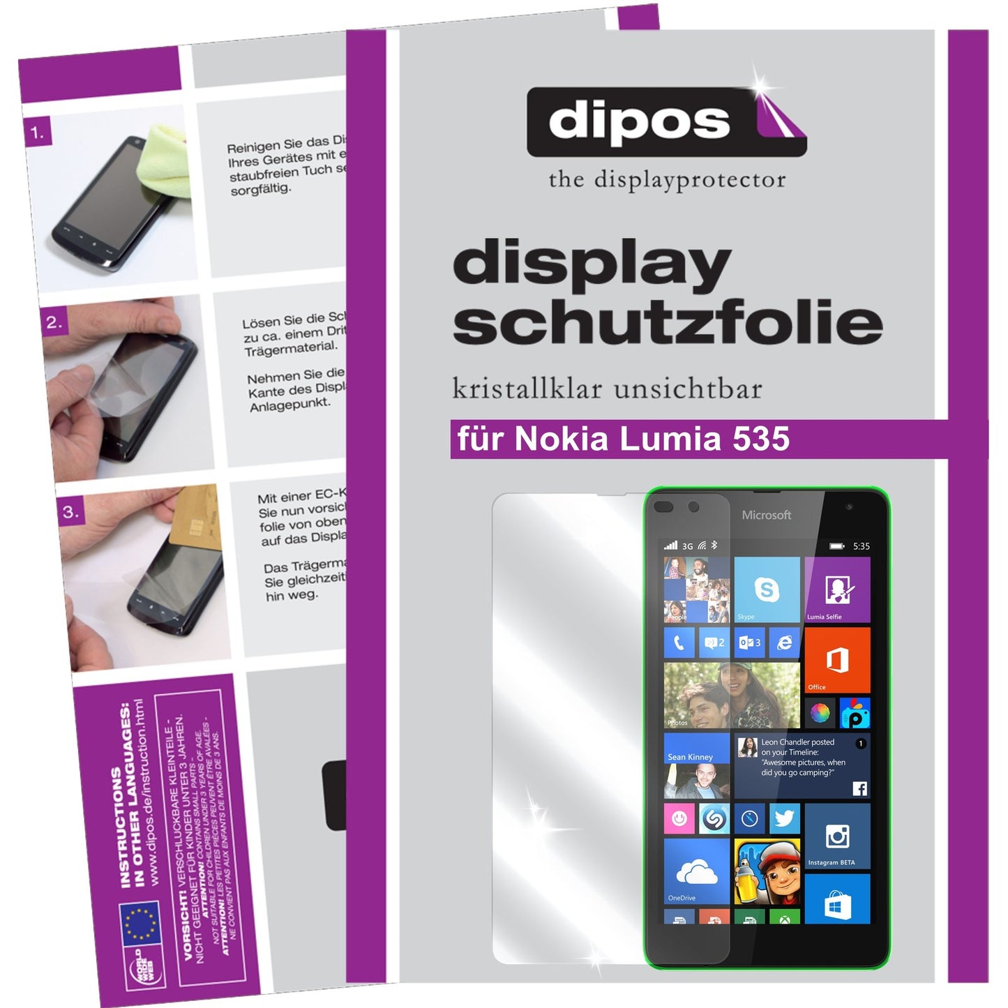 Klare Displayschutzfolie von dipos passend für Lumia 535 Nokia, präziser Zuschnitt und blasenfrei montiert