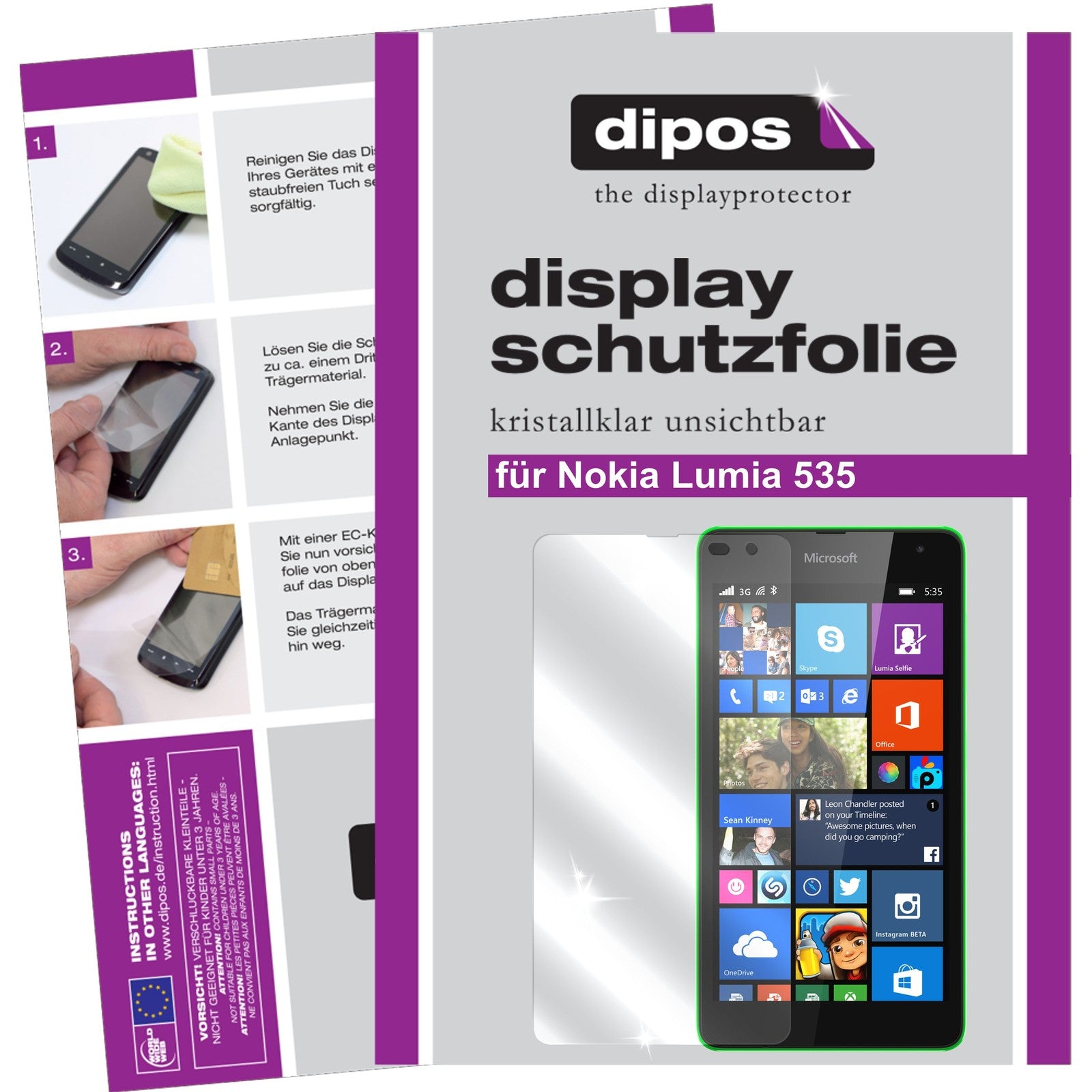 Klare Displayschutzfolie von dipos passend für Lumia 535 Nokia, präziser Zuschnitt und blasenfrei montiert