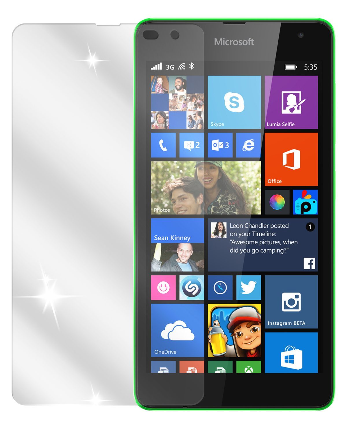 Lumia 535Nokia mit aufgebrachter dipos Displayschutzfolie, glasklare Darstellung ohne Einschränkungen