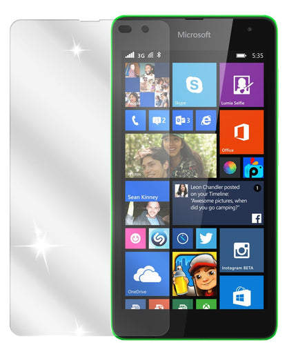 Lumia 535Nokia mit aufgebrachter dipos Displayschutzfolie, glasklare Darstellung ohne Einschränkungen