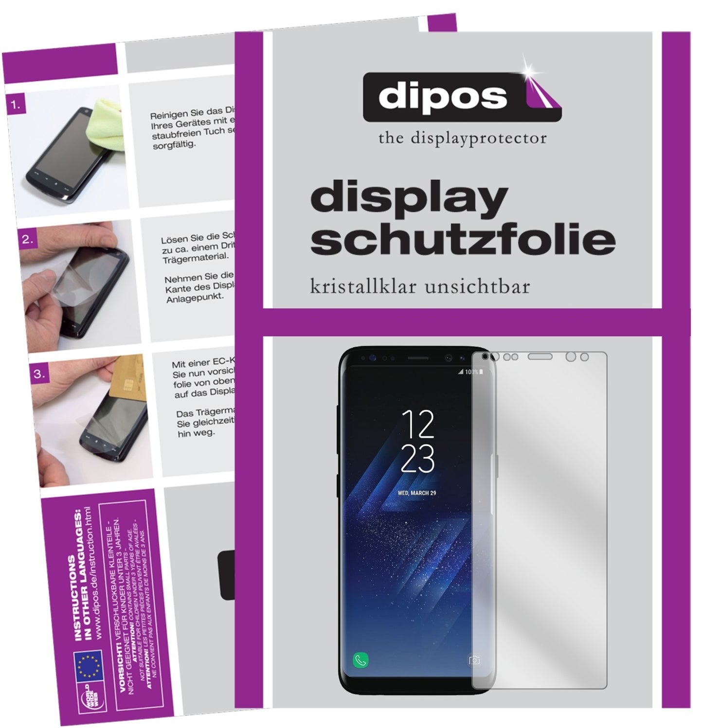 Klare Displayschutzfolie von dipos passend für Samsung Galaxy S8 Plus, präziser Zuschnitt und blasenfrei montiert